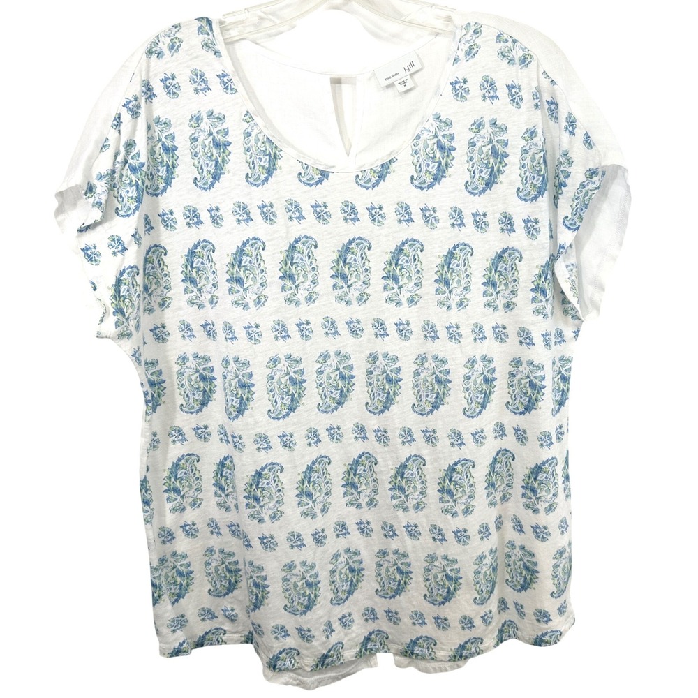 J. Jill Love Linen Medium Top Paisley Short Sleeve White Blue Feminine 1797